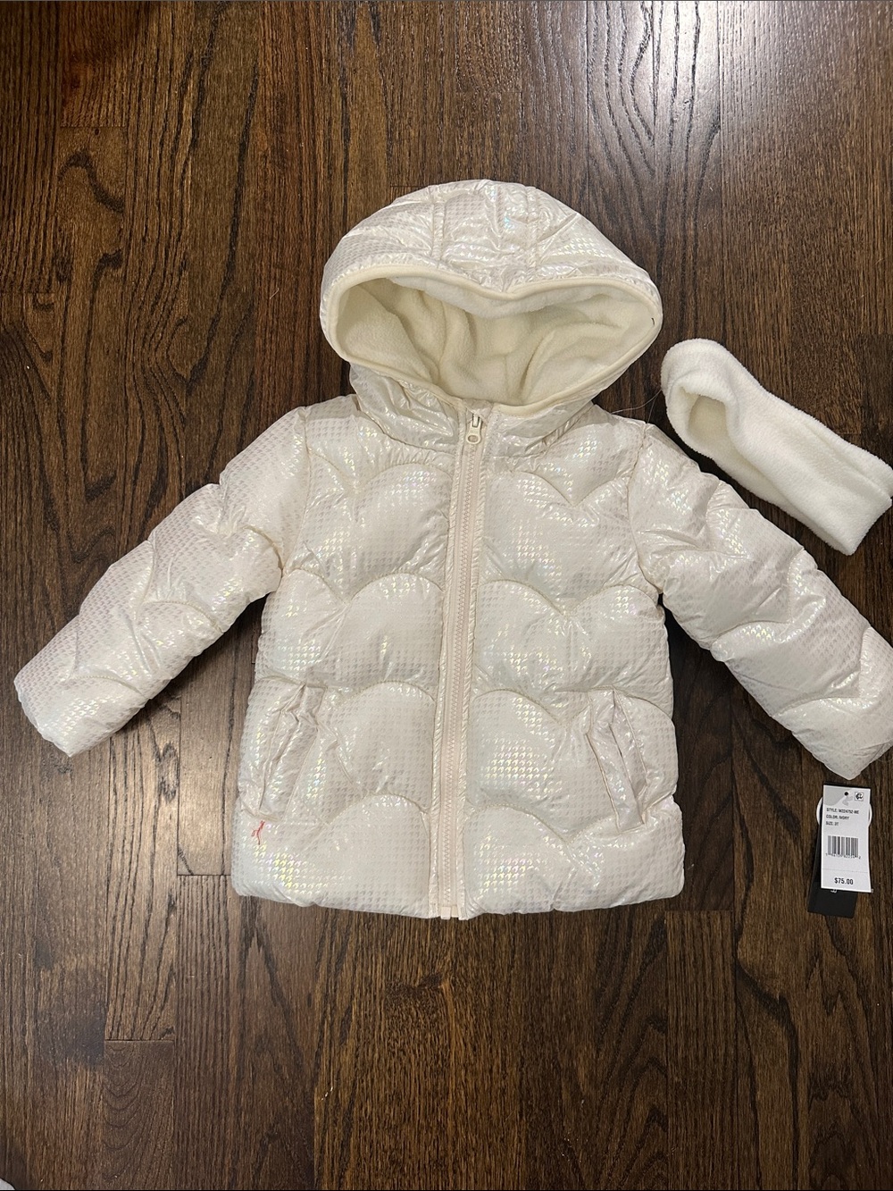 Toddler Shimmer Puffer Jacket with Hood and Headband- White